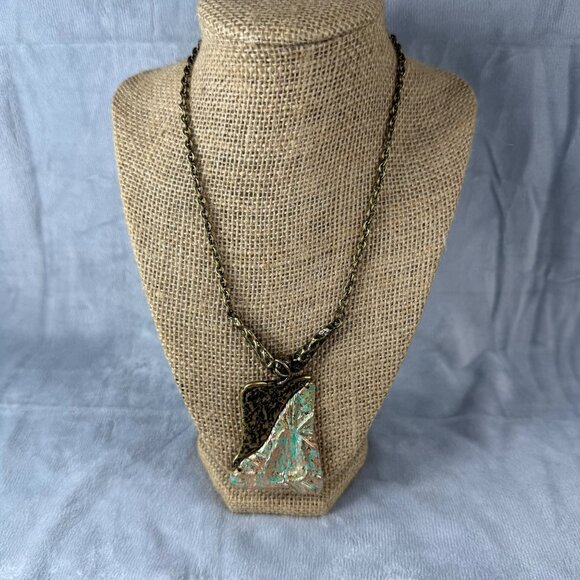 Green & Bronze Pendant Necklace Textured Metal Design on Chain 18 Inches Long - Picture 2 of 16